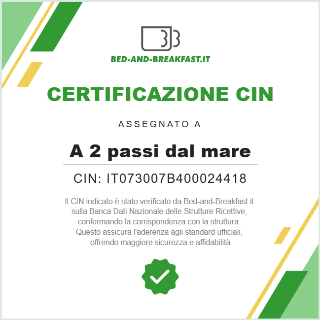 Certificazione CIN verificata da Bed-and-Breakfast.it: IT073007B400024418